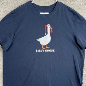 Life is Good T-Shirt Mens XL Navy Blue Graphic Tee Silly Goose Christmas Hat EUC